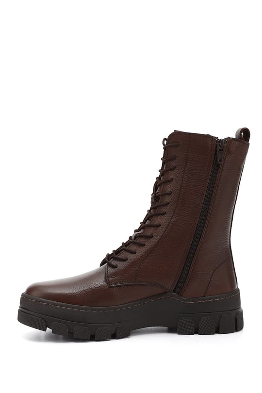 Women's Brown Floater Zippered Rubber Sole Genuine Leather Combat Boots