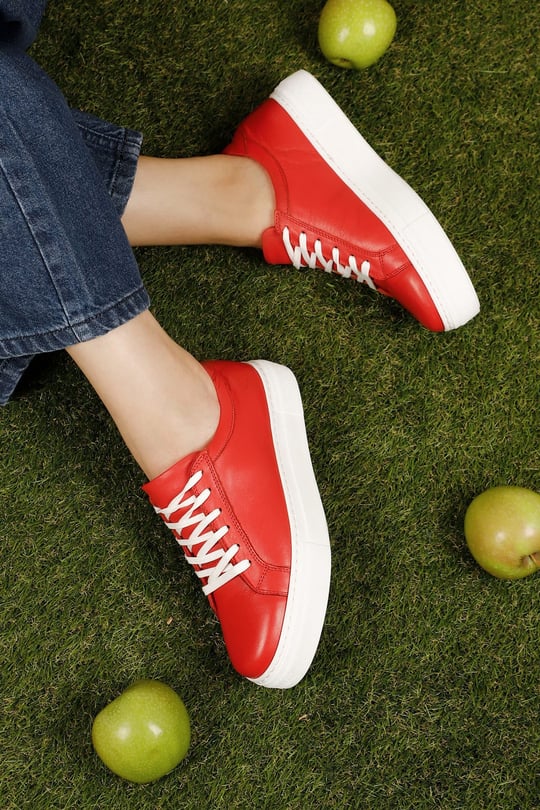 Kadın Kırmızı Antik Bağcıklı Dolgu Taban Hakiki Deri Sneaker