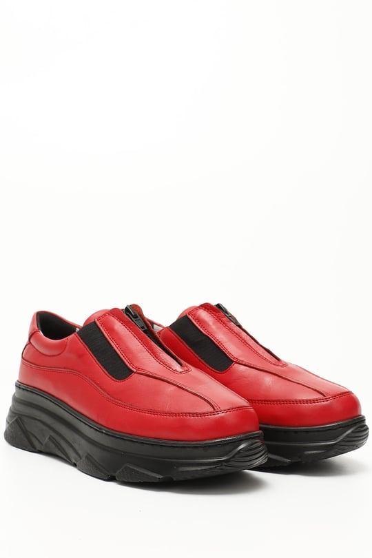 Kadın Kırmızı Antik Fermuarlı Dolgu Taban Hakiki Deri Sneaker