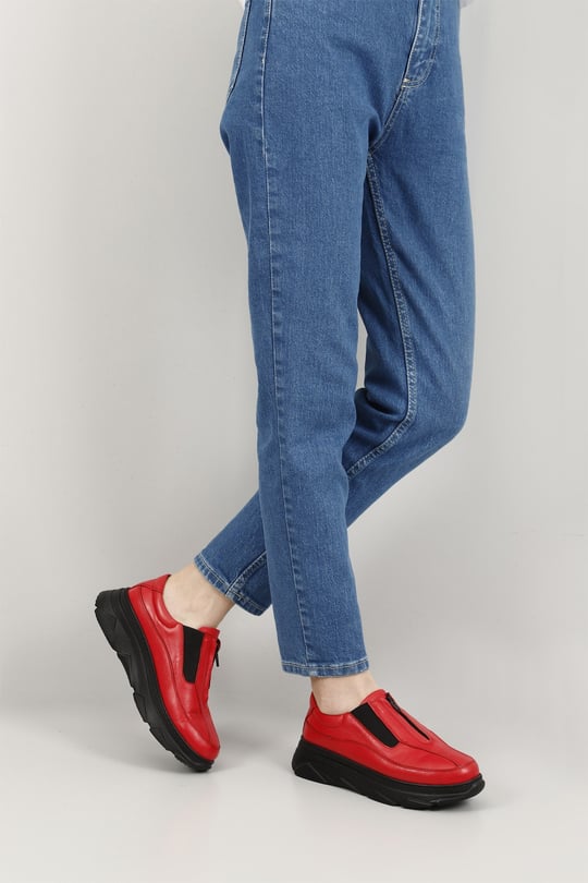 Kadın Kırmızı Antik Fermuarlı Dolgu Taban Hakiki Deri Sneaker