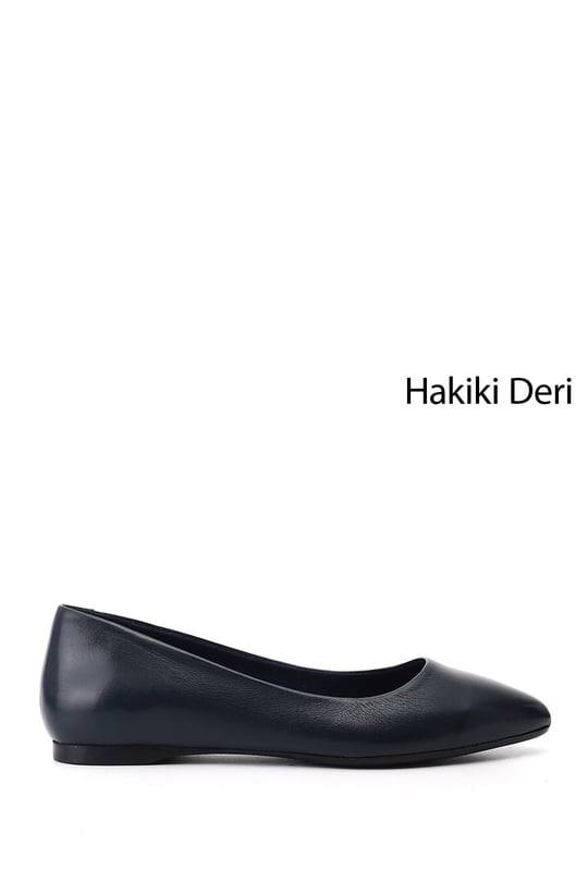 Kadın Lacivert Sivri Burun Düz Taban Hakiki Deri Babet