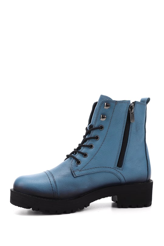 Women's Blue Floater Zippered Rubber Sole Genuine Leather Combat Boots