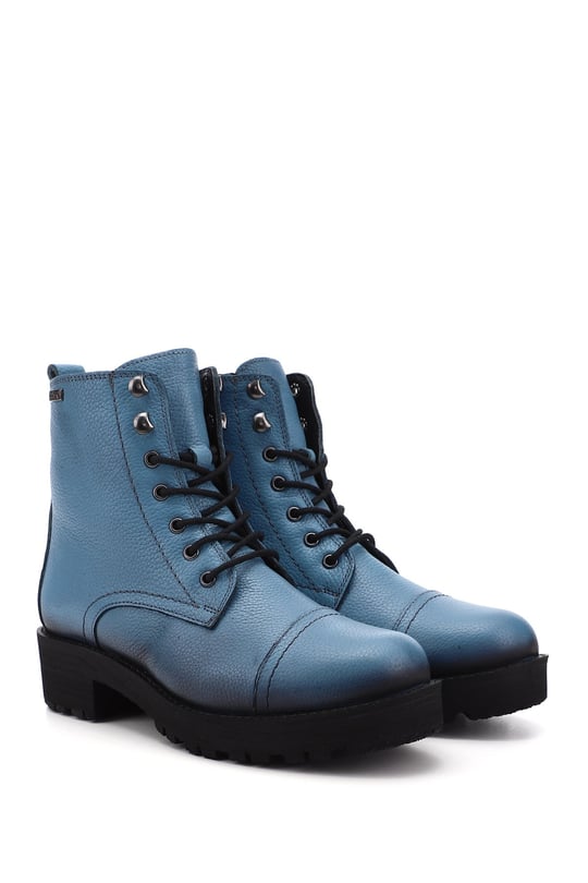 Women's Blue Floater Zippered Rubber Sole Genuine Leather Combat Boots