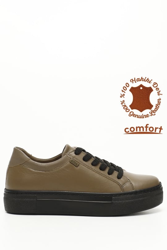 Kadın OLİV Bağcıklı Dolgu Taban Hakiki Deri Sneaker