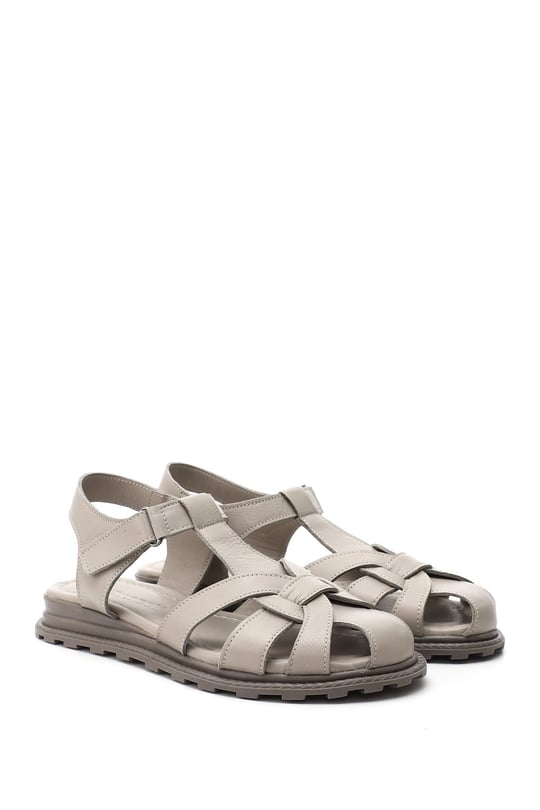Women's Silver Velcro-Strap Closed Toe Genuine Leather Sandals