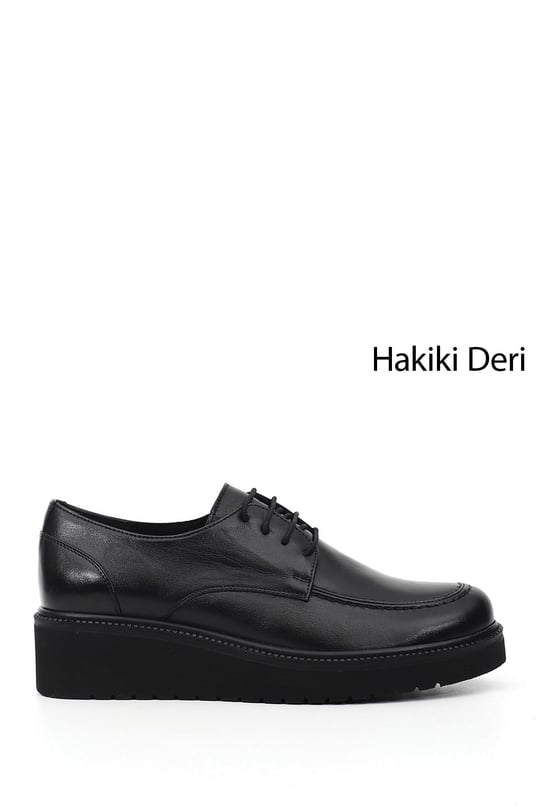 Kadın Siyah Bağcıklı Dolgu Taban Hakiki Deri Ayakkabı