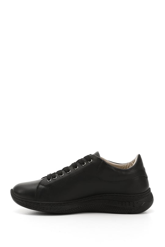 Kadın Siyah Bağcıklı Dolgu Taban Hakiki Deri  Sneaker