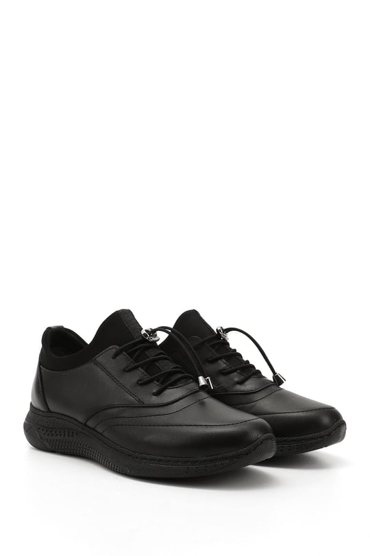 Kadın Siyah Bağcıklı Dolgu Taban Hakiki Deri Sneaker
