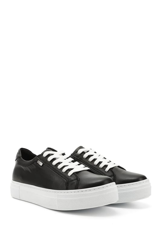 Kadın Siyah Bağcıklı Dolgu Taban Hakiki Deri Sneaker