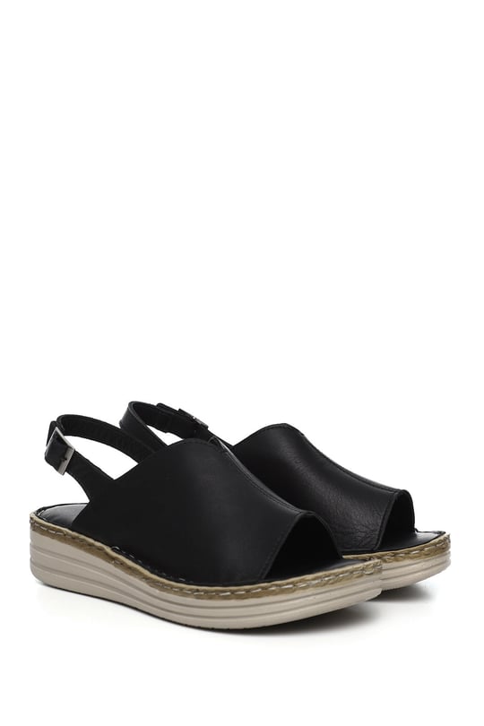 Kadın Siyah Dolgu Topuk Hakiki Deri Comfort Sandalet
