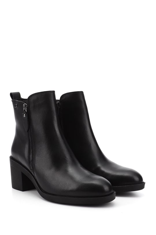Women's Black Zippered Thick Heeled Genuine Leather Boots