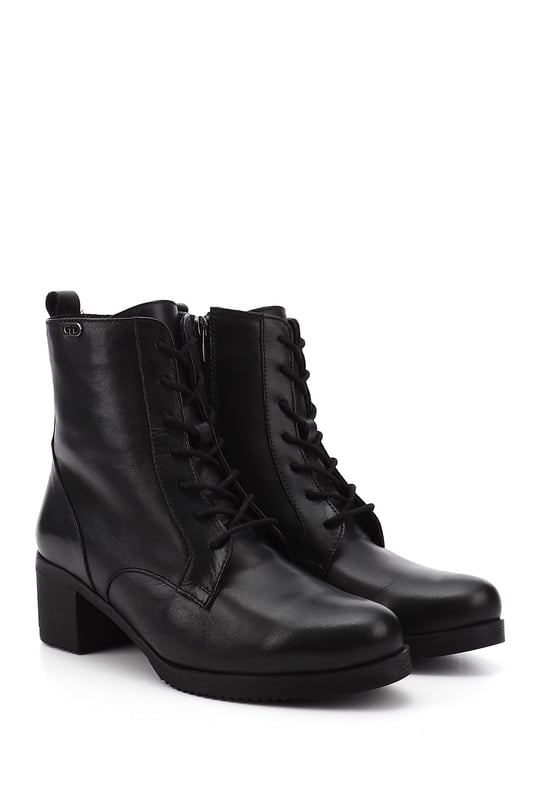 Women's Black Zippered Thick Heel Genuine Leather Combat Boots