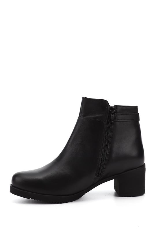 Women's Black Zippered Thick Heel Genuine Leather Boots