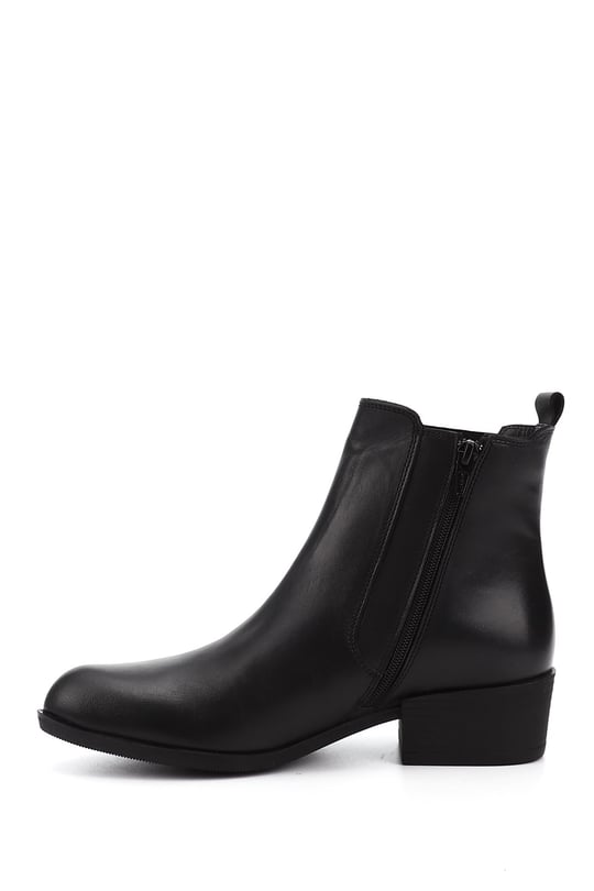 Women's Black Zippered Chunky Heel Genuine Leather Chelsea Boots