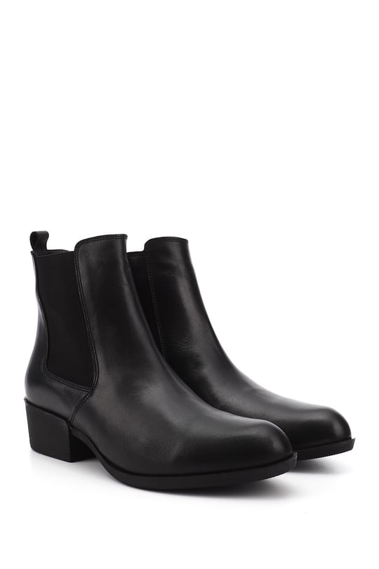 Women's Black Zippered Chunky Heel Genuine Leather Chelsea Boots