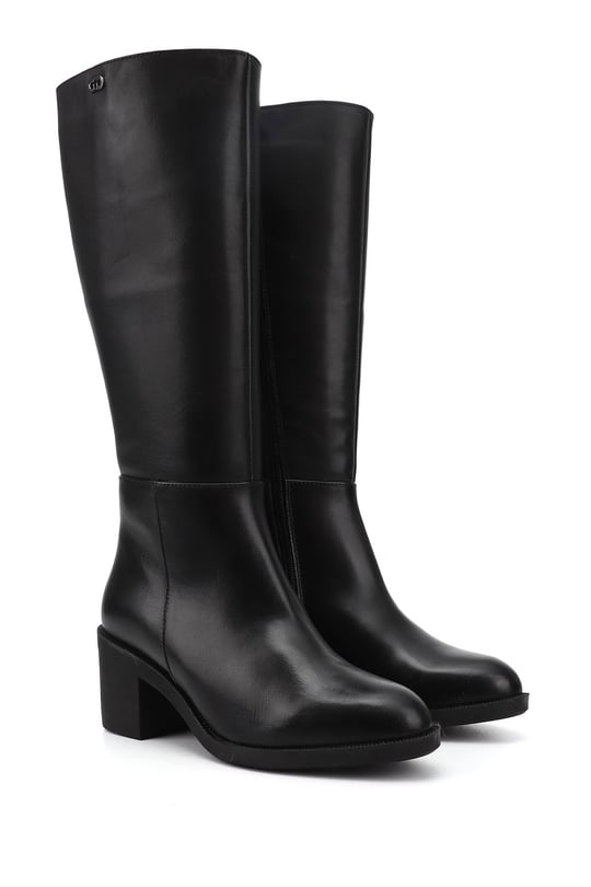 Women's Black Zippered Thick Heeled Genuine Leather Boots