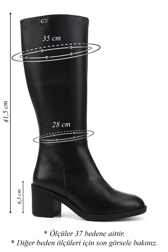 Women's Black Zippered Thick Heeled Genuine Leather Boots