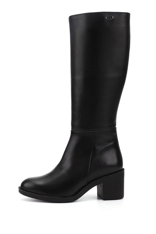 Women's Black Zippered Thick Heeled Genuine Leather Boots
