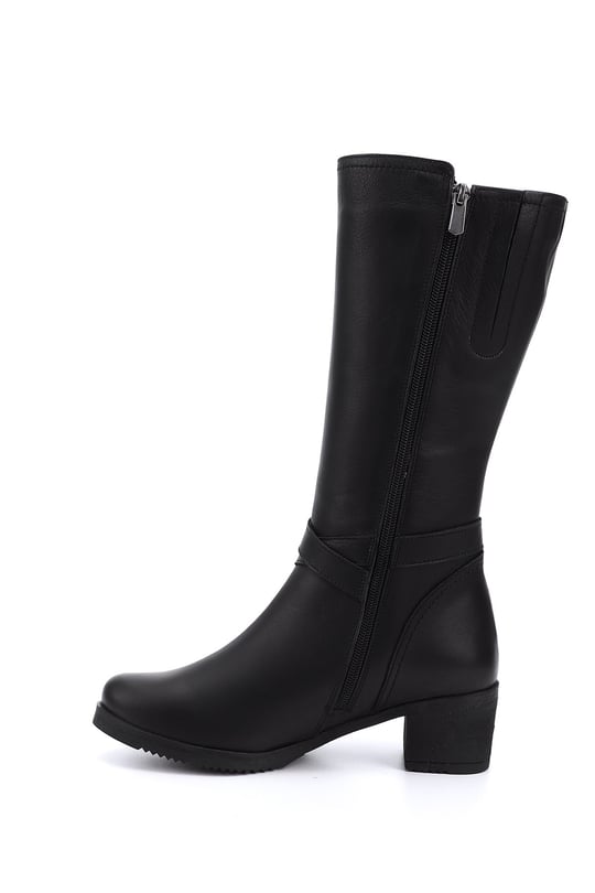 Kadın Siyah Fermuarlı Kalın Topuklu Hakiki Deri Çizme