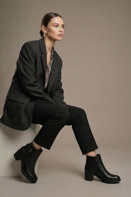 Women's Black Zip-Up Chunky Heel Boots