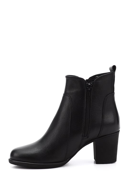 Women's Black Floater Zippered Thick Heel Genuine Leather Boots