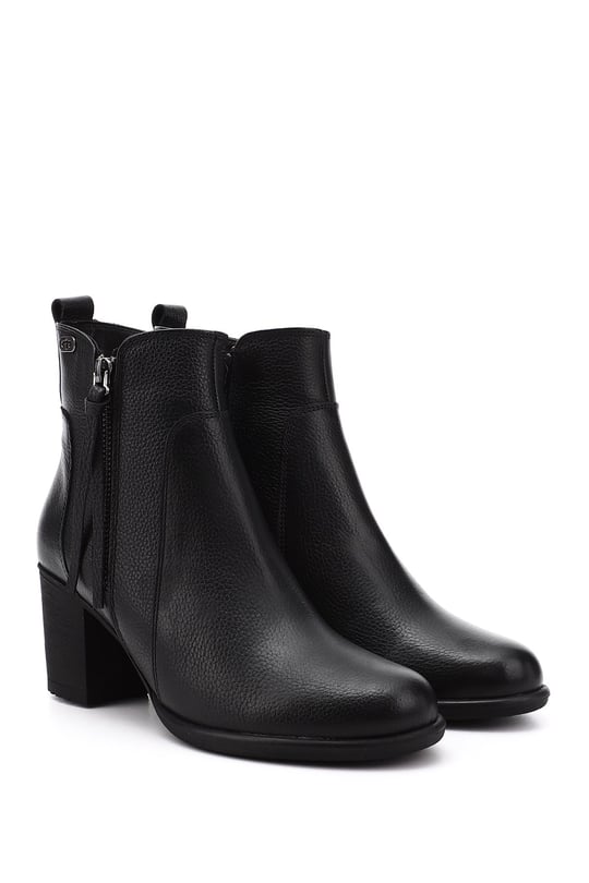 Women's Black Floater Zippered Thick Heel Genuine Leather Boots