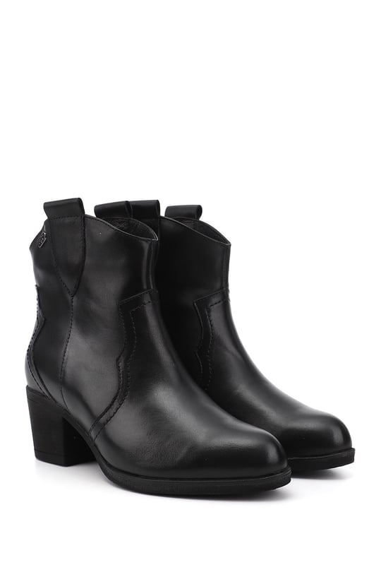 Kadın Siyah Kalın Topuklu Hakiki Deri Kovboy Bot