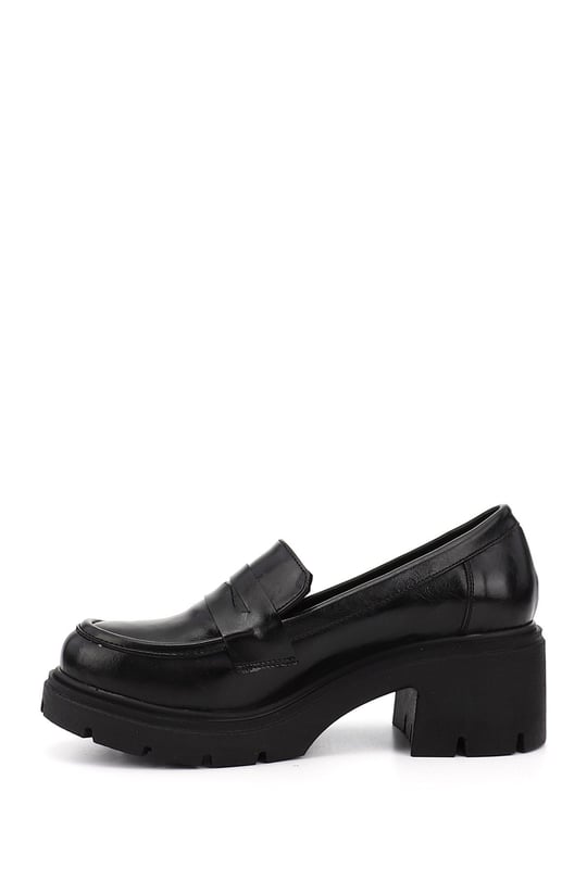 Women's Black Chunky Heeled Loafer Shoes