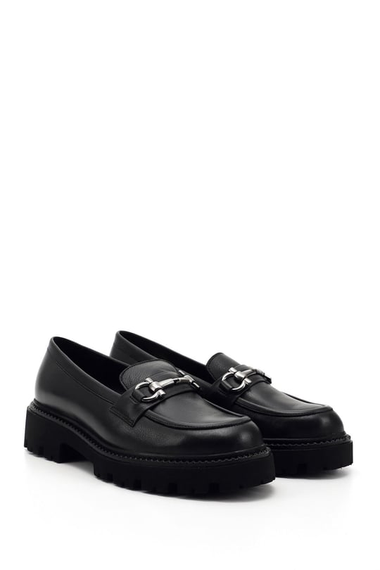 Women's Black Buckled Genuine Leather Loafer Shoes