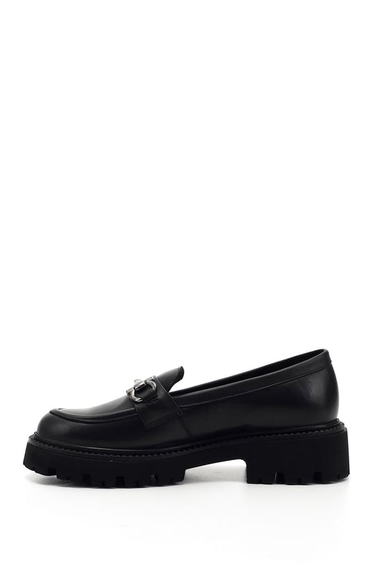 Women's Black Buckled Genuine Leather Loafer Shoes