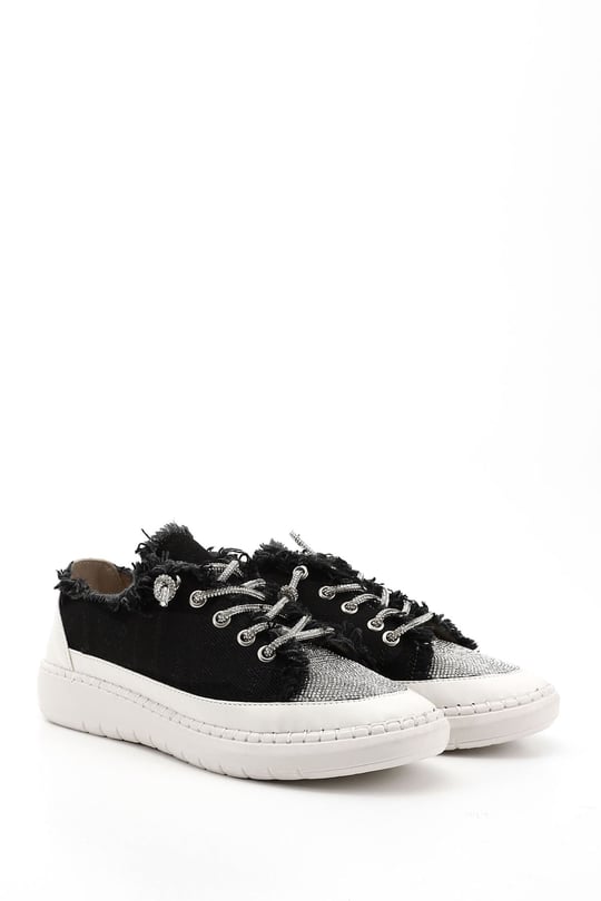 Kadın Siyah Kot Triko Taşlı Comfort Dolgu Taban Sneaker