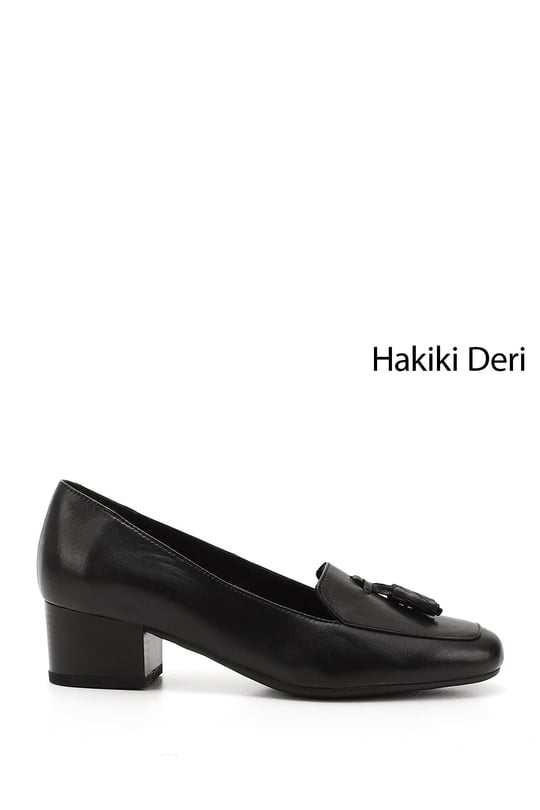 Kadın Siyah Küt Burun Kısa Kalın Topuklu Hakiki Deri Ayakkabı