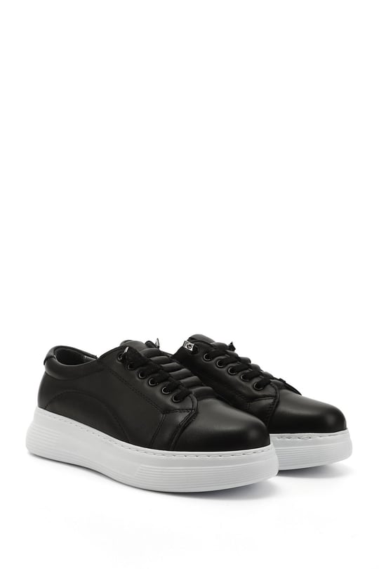 Kadın Siyah Lastik Bağcıklı Comfort Dolgu Taban Hakiki Deri Sneaker