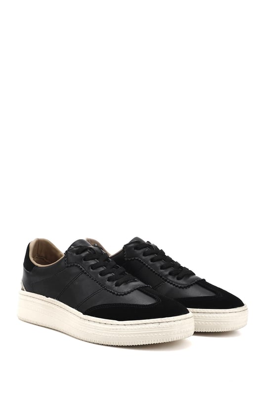 Women's Black Lace-Up Genuine Leather Sneakers