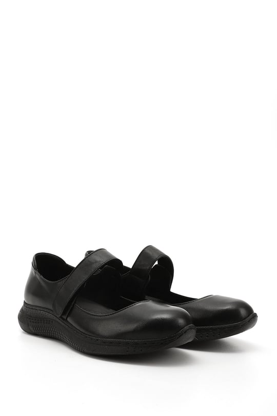 Women's Black Genuine Leather Ballerina Shoes with Ankle Straps