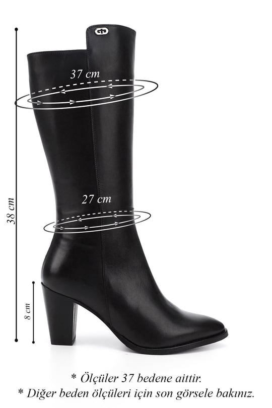 Women's Black Pointed Toe Thick Heel Genuine Leather Boots