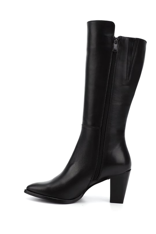 Women's Black Pointed Toe Thick Heel Genuine Leather Boots