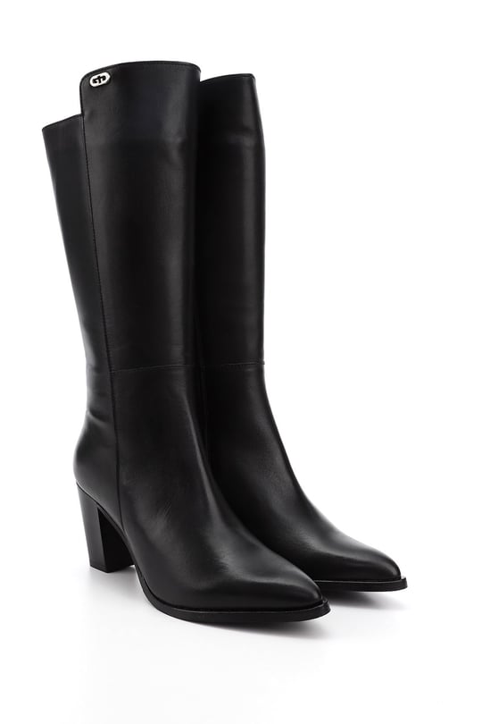 Women's Black Pointed Toe Thick Heel Genuine Leather Boots