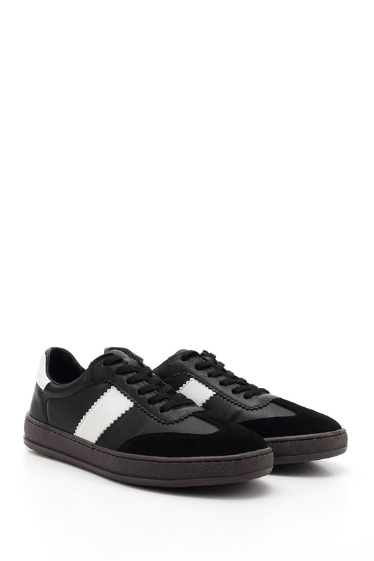 Kadın Siyaha Beyaz Bağcıklı Hakiki Deri Sneaker