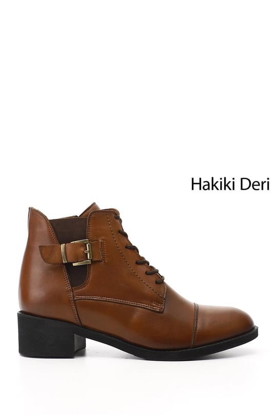 Kadın Taba Fermuarlı Kalın Topuklu Hakiki Deri Bot