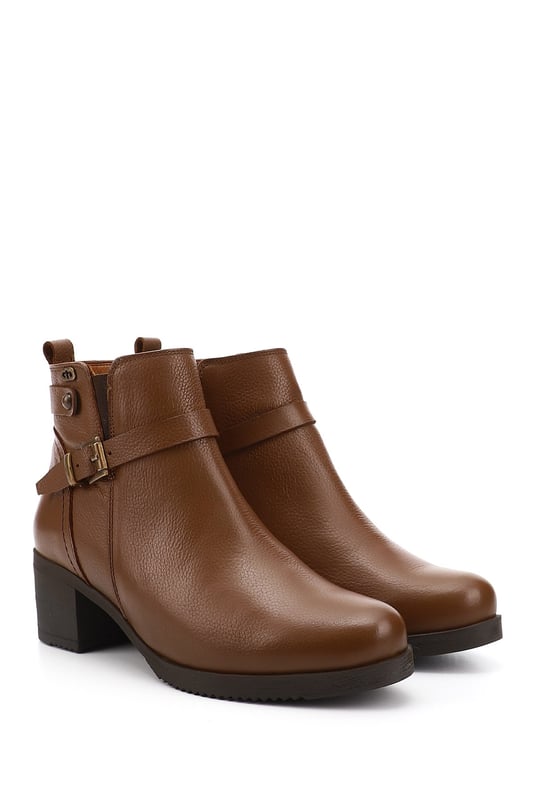Women's Brown Floaty Zippered Thick Heel Genuine Leather Boots
