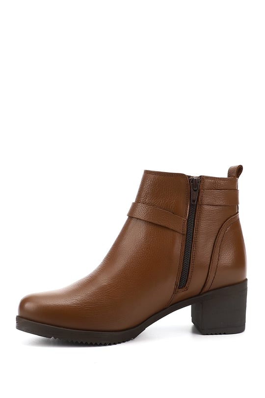 Women's Brown Floaty Zippered Thick Heel Genuine Leather Boots
