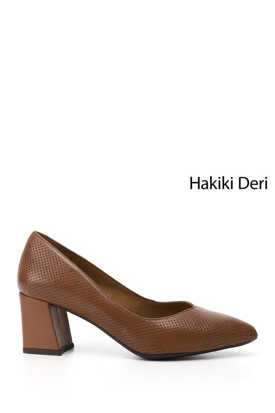 Kadın Taba Sivri Burun Orta Kalın Topuklu Hakiki Deri Ayakkabı