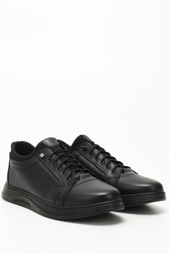 Lacivert Antik Gön Hakiki Deri Yuvarlak Burun Bağcıklı Günlük Erkek Sneaker 01088