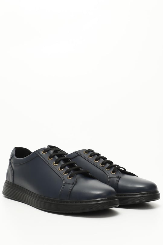 Lacivert Antik Gön Hakiki Deri Yuvarlak Burun Bağcıklı Günlük Erkek Sneaker 01144