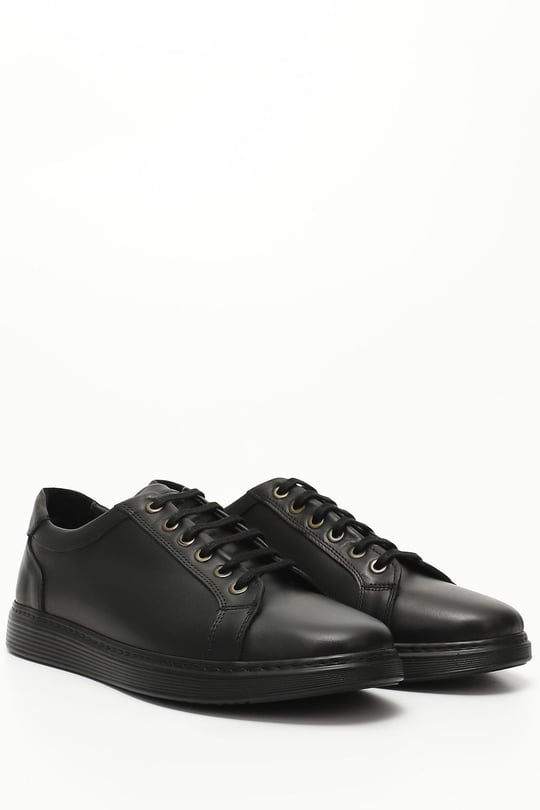 Siyah Gön Hakiki Deri Yuvarlak Burun Bağcıklı Günlük Erkek Sneaker 01144