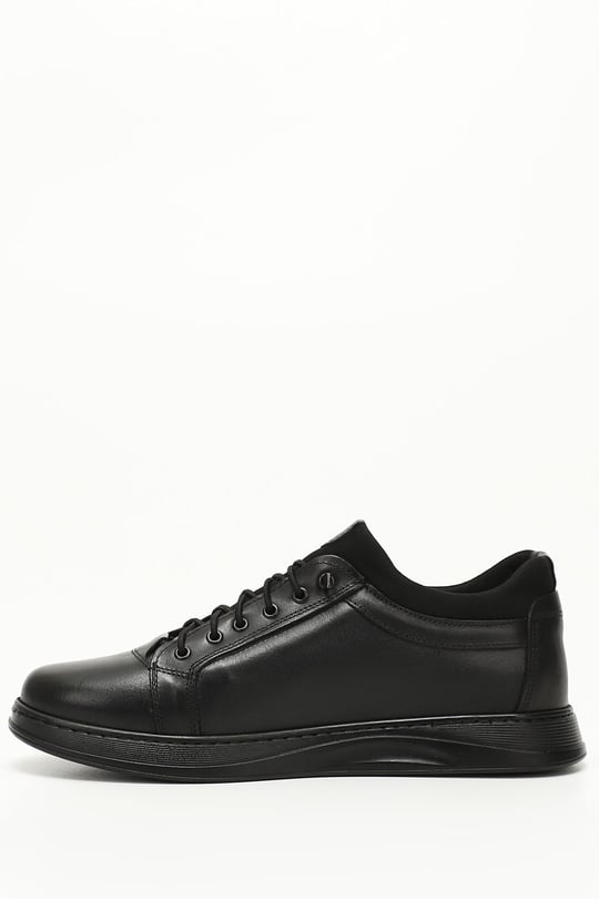 Siyah Gön Hakiki Deri Yuvarlak Burun Bağcıklı Günlük Erkek Sneaker 01088