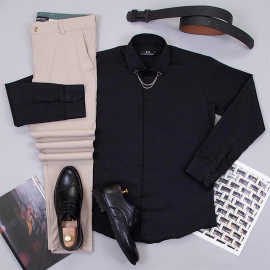 Formal White Shirt with black pant & Brown Shoes - Evilato