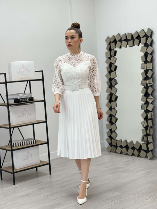 Lace Fabric Pleated Midi Dress - White | Giyim Masalı
