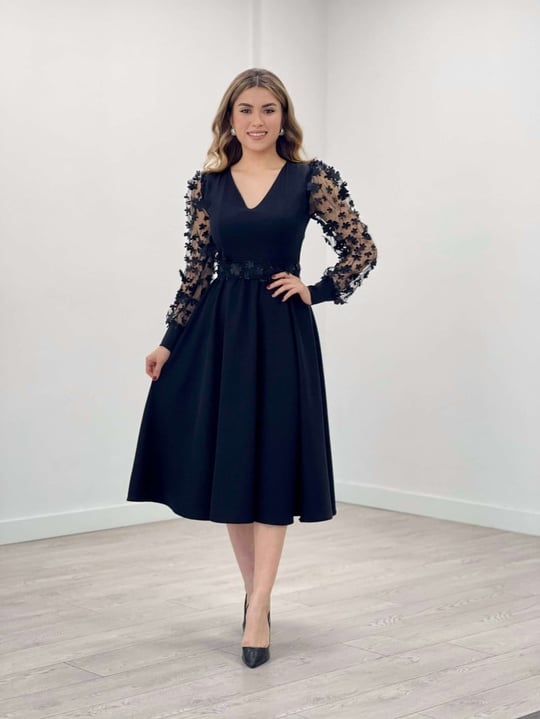 Scuba Fabric Sleeves 3D Floral Dress - Black | Giyim Masalı